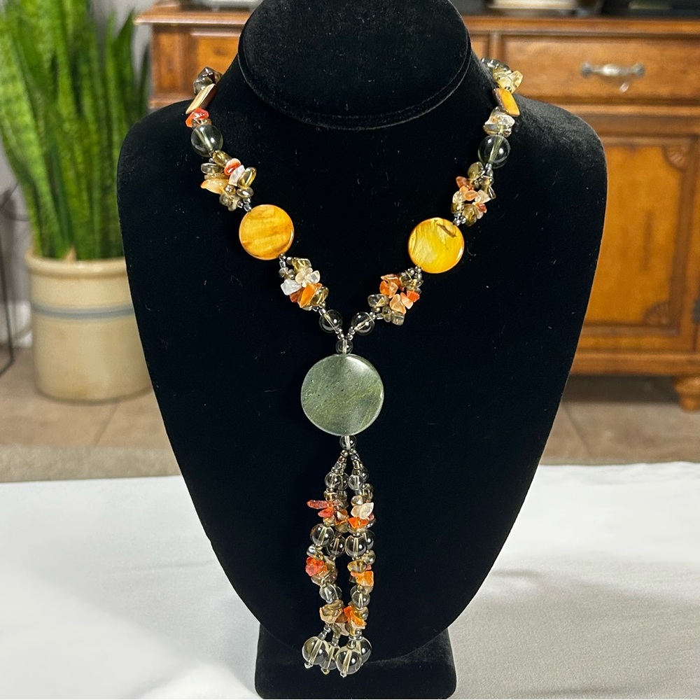 Unique Multicolor Glass Beads and Polished Stone Statement Necklace